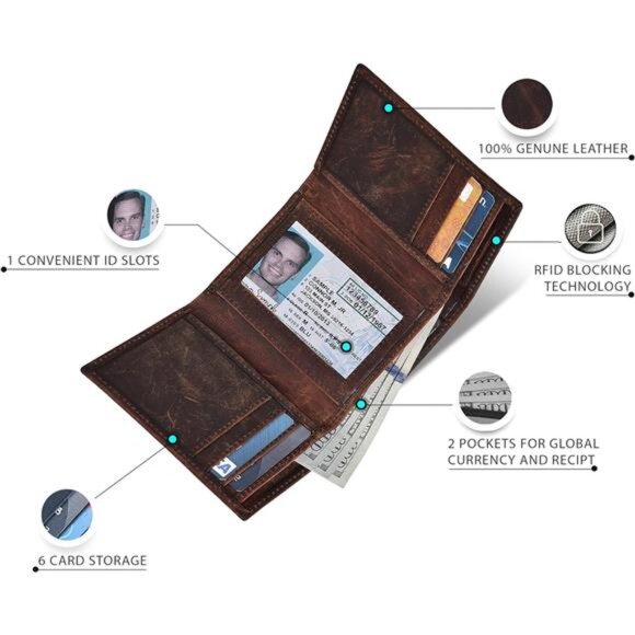 Real Leather Trifold Wallet for Men - RFID Wallets Slim 9 Credit Card Holder 2 - Picture 2 of 7